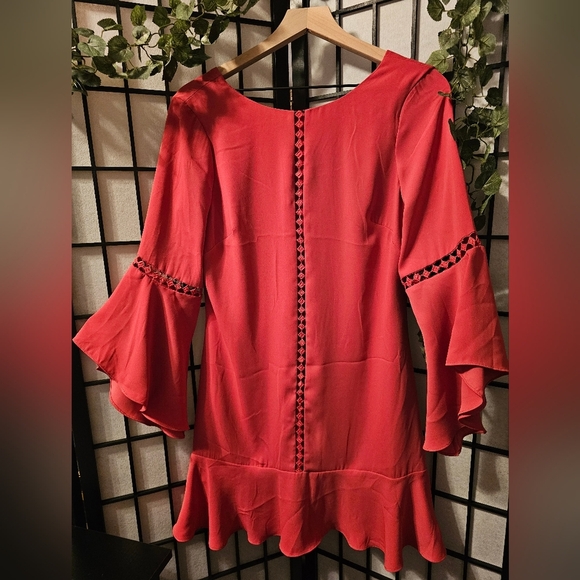 White House Black Market Mini Dress with Flutter Bell Sleeves Coral Pink Ruffle - Picture 1 of 6